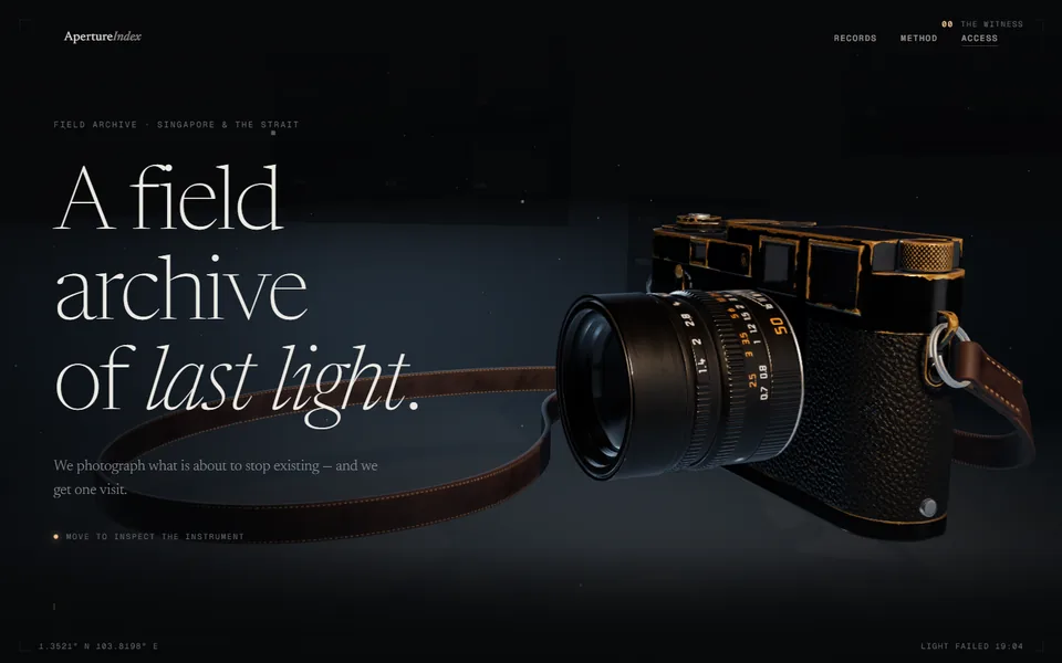 The Aperture Index hero: a black rangefinder field camera with worn brass edges and a leather strap, floating over a dark light table, beside the serif line &lsquo;A field archive of last light&rsquo; and a mono coordinate readout.