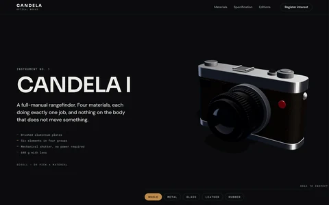 The CANDELA hero: the wordmark CANDELA I in warm white over a near-black ground, beside a brushed-aluminium rangefinder camera rendered in three dimensions with a black grained body and a red shutter mark.