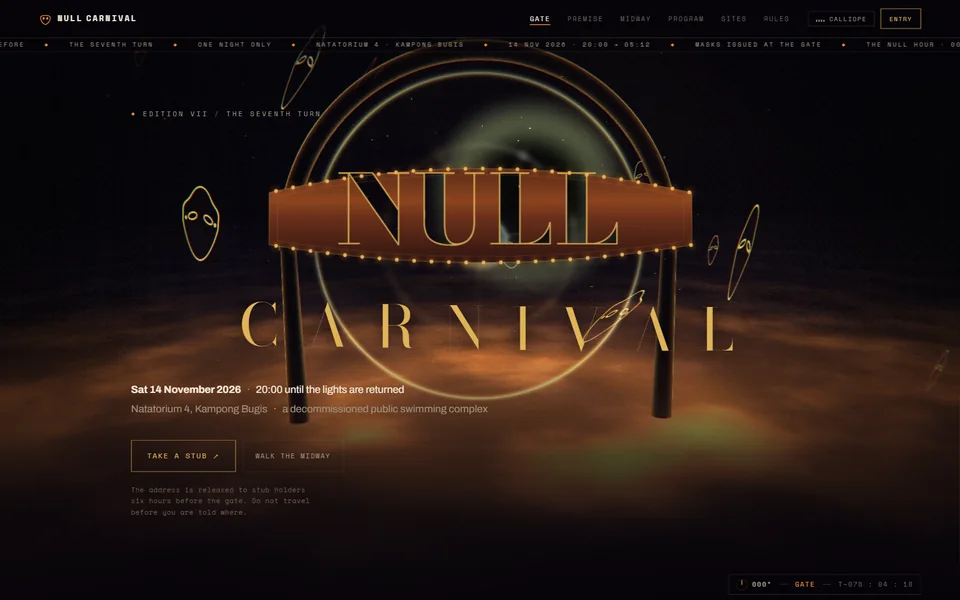 The NULL CARNIVAL hero: a painted oxblood banner ringed with fairground bulbs, the word NULL cut clean through it to the moving room behind, hung inside a monumental gilt arch with a mercury portal glowing in it and faceless masks drifting over a wet concrete deck.