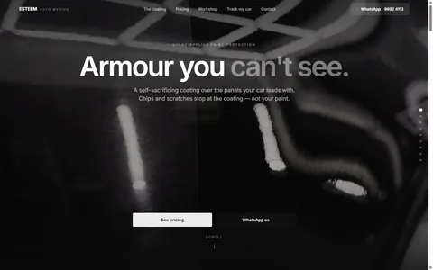 Esteem Auto Medics v3: &lsquo;Armour you can&rsquo;t see&rsquo; over a full-viewport close-up of black paint, Tesla-quiet type and a WhatsApp action on the floor.