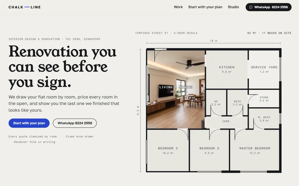 The CHALKLINE homepage: the line 'Renovation you can see before you sign' beside a measured 4-room HDB floor plan in ink, with the living room filled by the photograph of the finished room and a priced sheet of every room underneath.