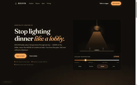 KELVIN: a warm near-black dining room under a hanging filament lamp, headline ‘Stop lighting dinner like a lobby,’ colour temperature at 2700K.