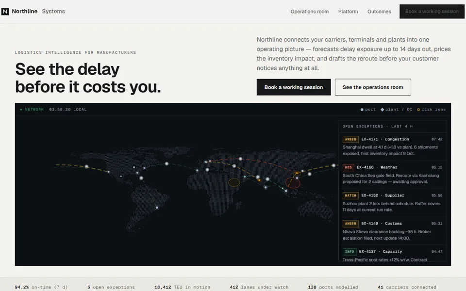 The Northline Systems first viewport: the headline &lsquo;See the delay before it costs you&rsquo; above a dark command screen carrying a dot-matrix world map with lane arcs, vessels and an exceptions feed.