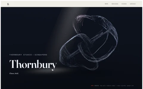 BASIN: a strange attractor of luminous indigo threads under a shaft of light, on porcelain-bone paper with the wordmark Thornbury lower-left and the line 'Chaos, held.'