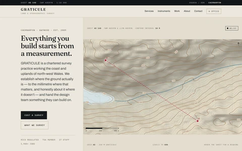 The GRATICULE homepage: the line 'Everything you build starts from a measurement' on drafting cream beside a live contour sheet of a Welsh cwm, with a crimson section line drawn between two stations.