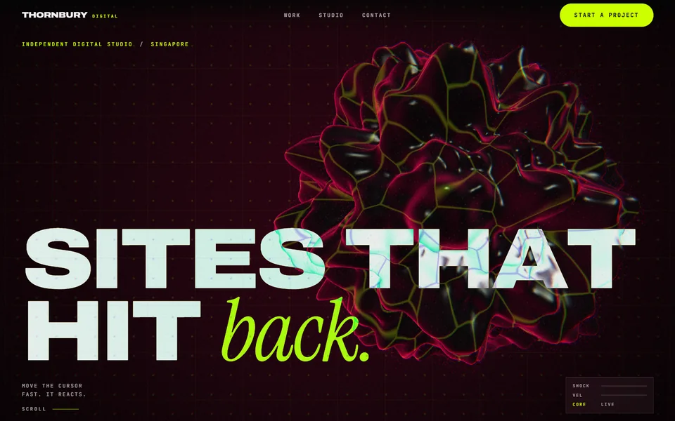Thornbury Digital v2: a black glass core cracked with acid-lime Voronoi edges and a magenta rim, floating over a void grid, with the headline &lsquo;Sites that hit back.&rsquo; overlapping it in white and lime italic.