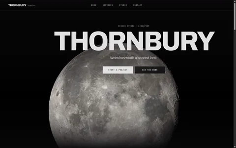 Thornbury Digital v5: a cratered moon filling a full-bleed frame on obsidian black, under the wordmark THORNBURY in massive white capitals, the line &lsquo;Websites worth a second look.&rsquo; and two centred buttons.