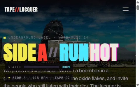 TAPE//LACQUER: chaotic warehouse cassette label with SIDE A RUN HOT typography, neon scanlines, and a sourced Poly Haven boombox in WebGL over looped warehouse footage.