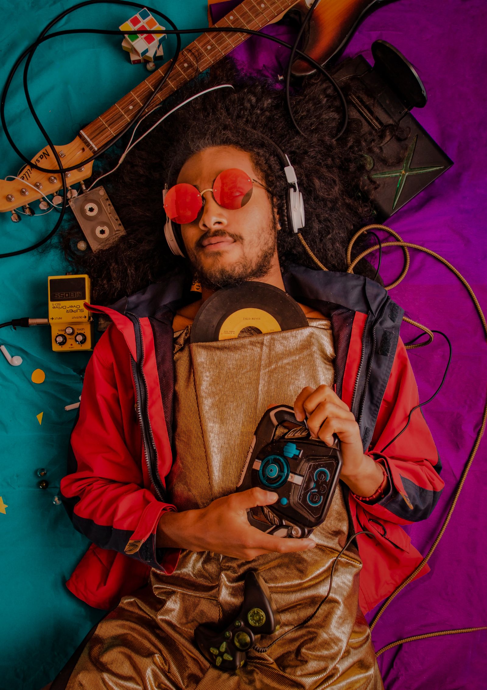 Listener wearing over-ear headphones