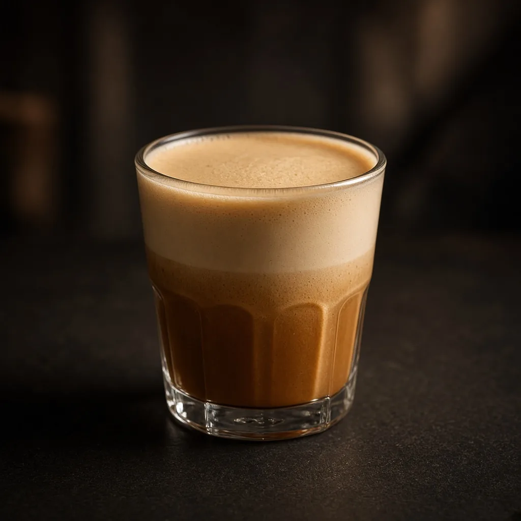 A cortado in a small glass.