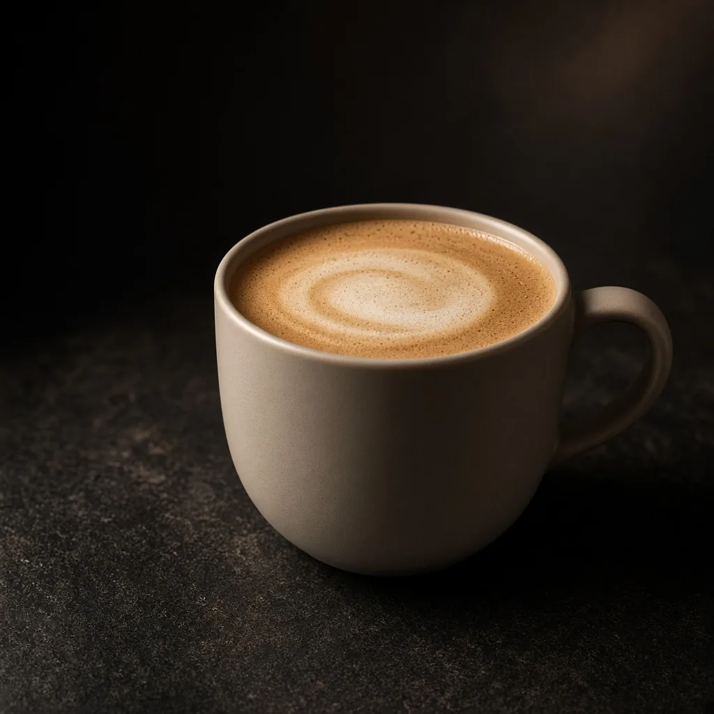 Oat flat white in a matte ceramic cup.