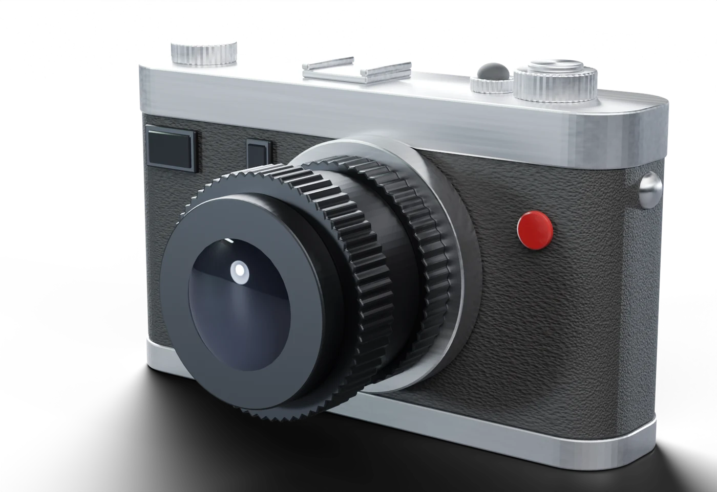 The CANDELA I rangefinder photographed three-quarter from the front: brushed aluminium top plate, black grained body wrap, and a black lens barrel with knurled focus and aperture rings.