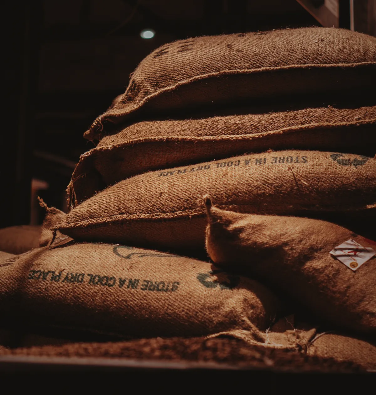Jute sacks of green coffee stacked in a dim storeroom.