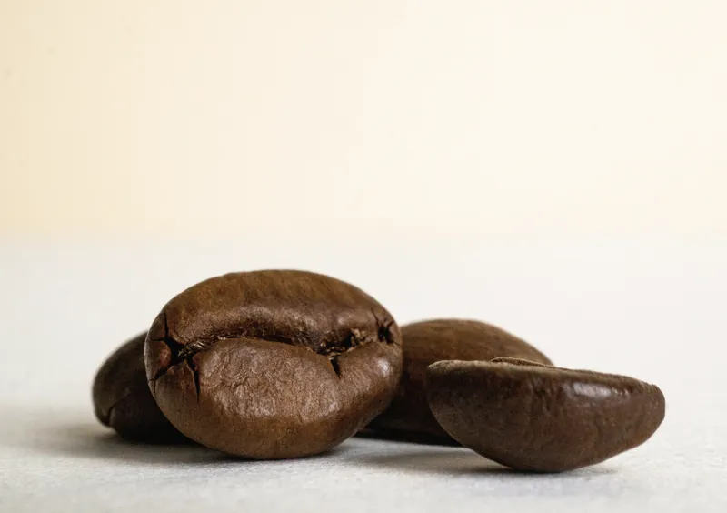Two roasted coffee beans lying on a pale surface.
