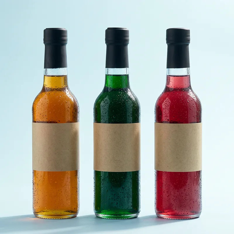 Three tall glass bottles of SEJUK syrup — amber gula melaka, green pandan and rose-red bandung — beaded with condensation.
