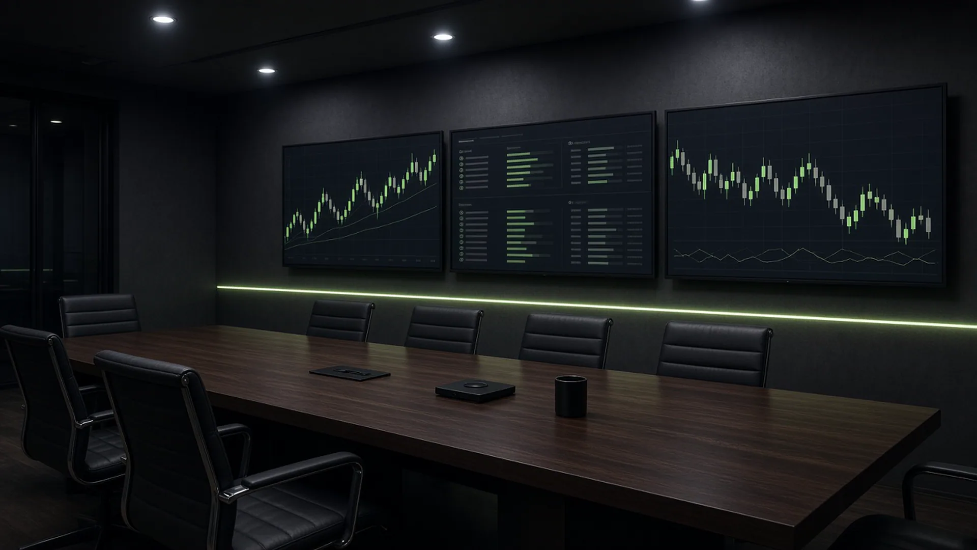 A finance war room with wall monitors and a long dark table.