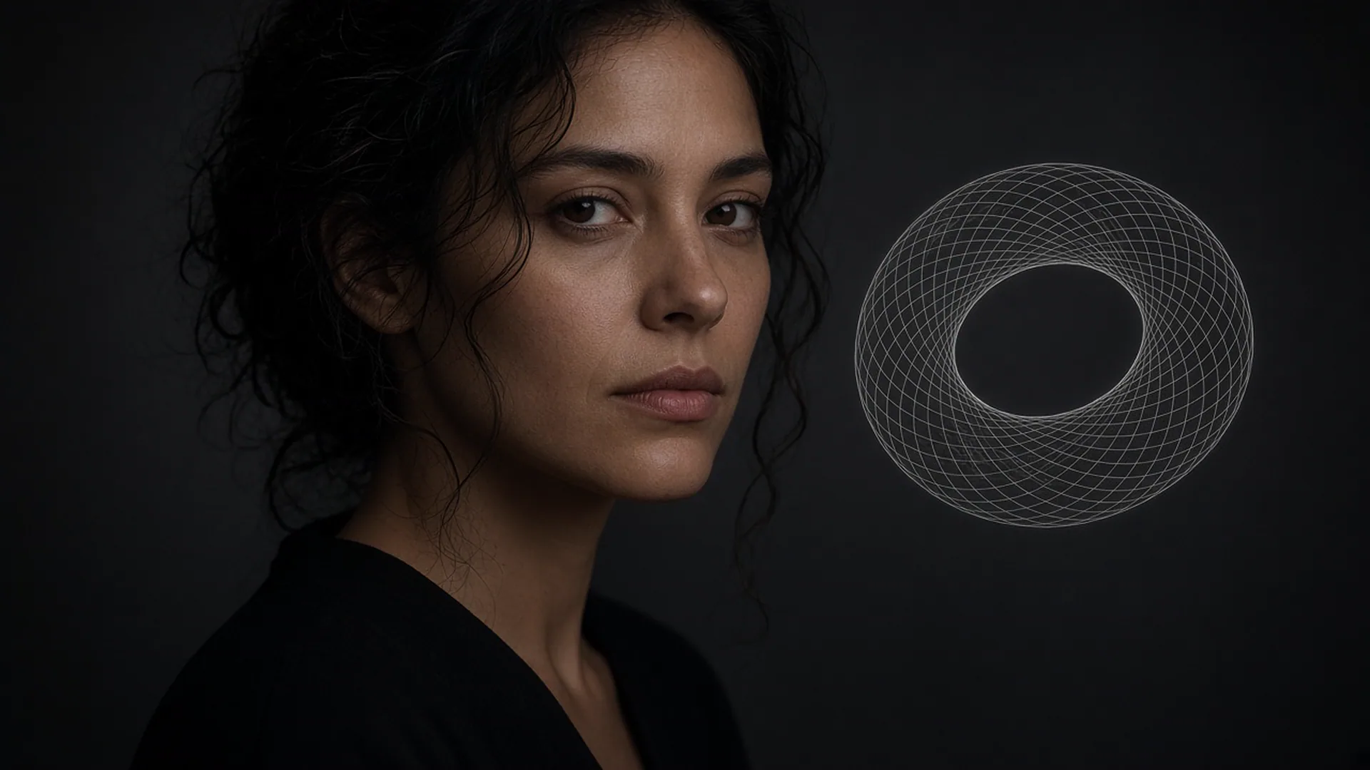 A person standing beside a wireframe identity halo in a dark studio.