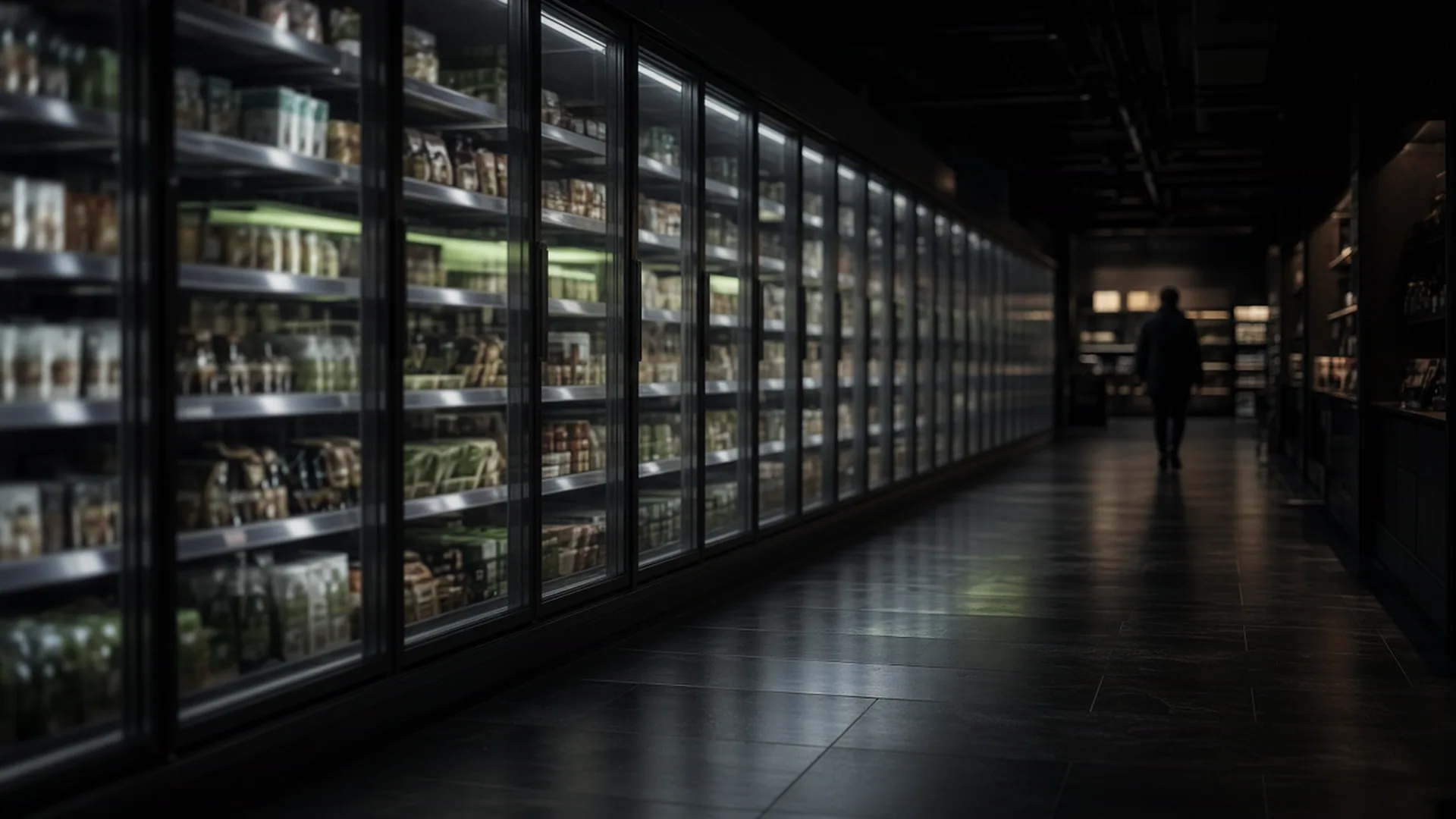 A premium grocery aisle at dusk with refrigerated cases glowing.