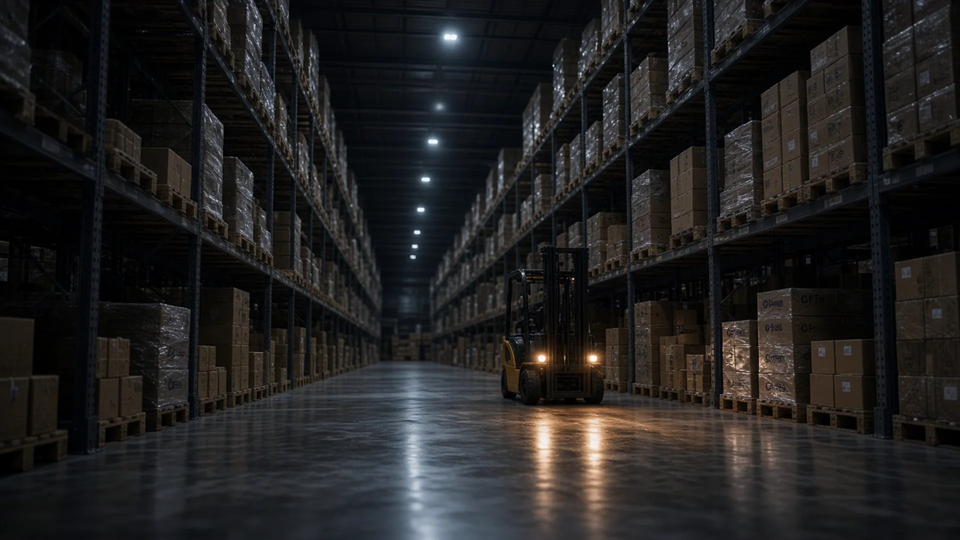 Night warehouse with high racking and a forklift under LED work lights.