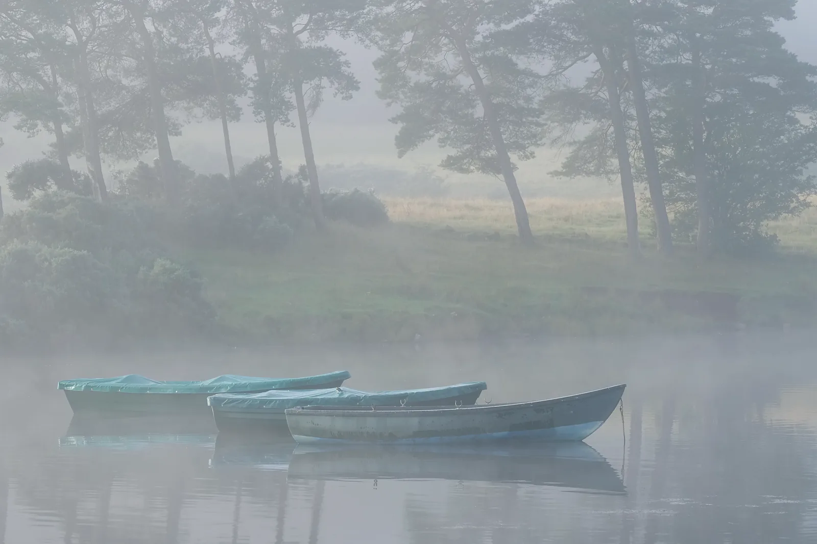 Three rowing boats tied up in thick morning fog on the loch