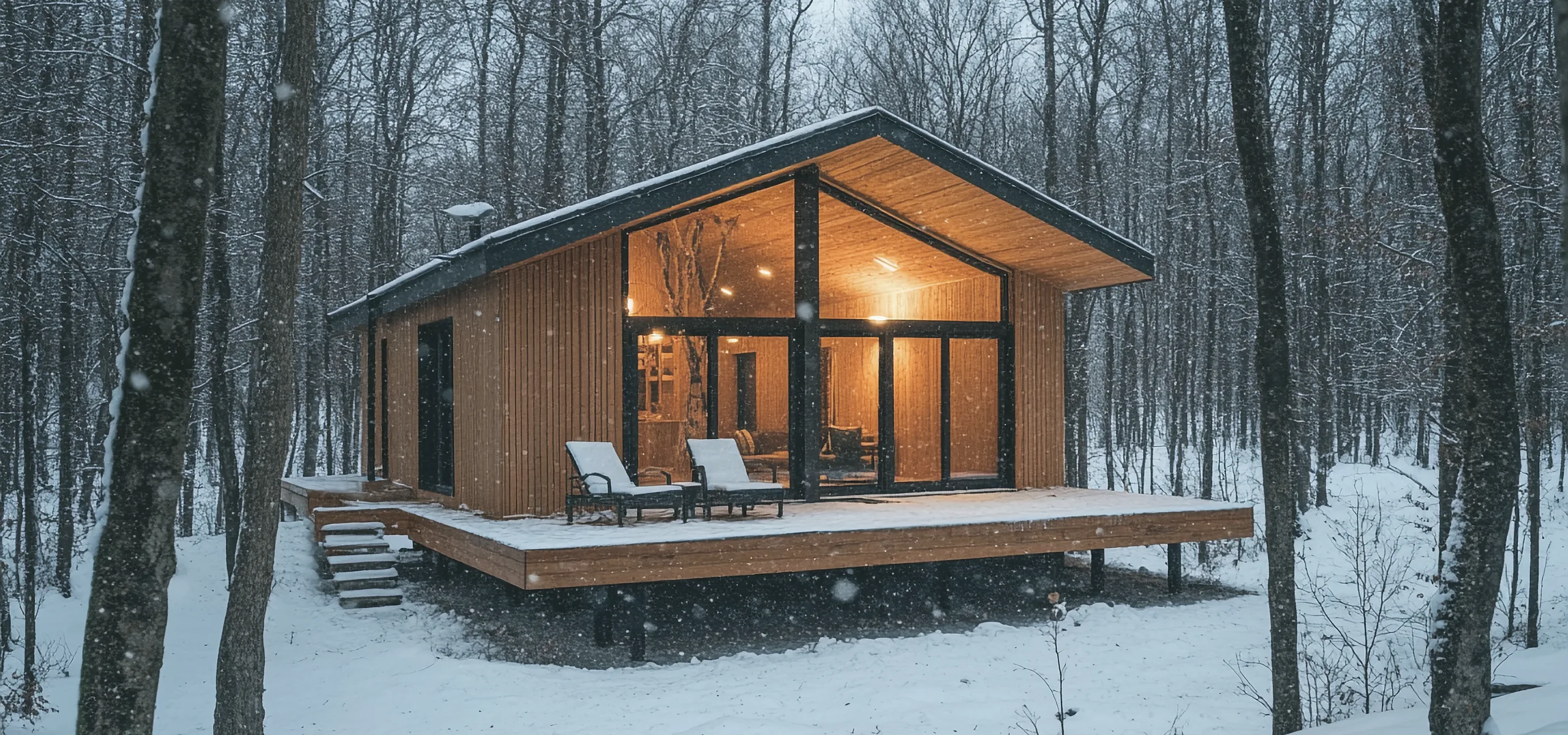 A lodge in deep snow at dusk, warm light through its glass wall