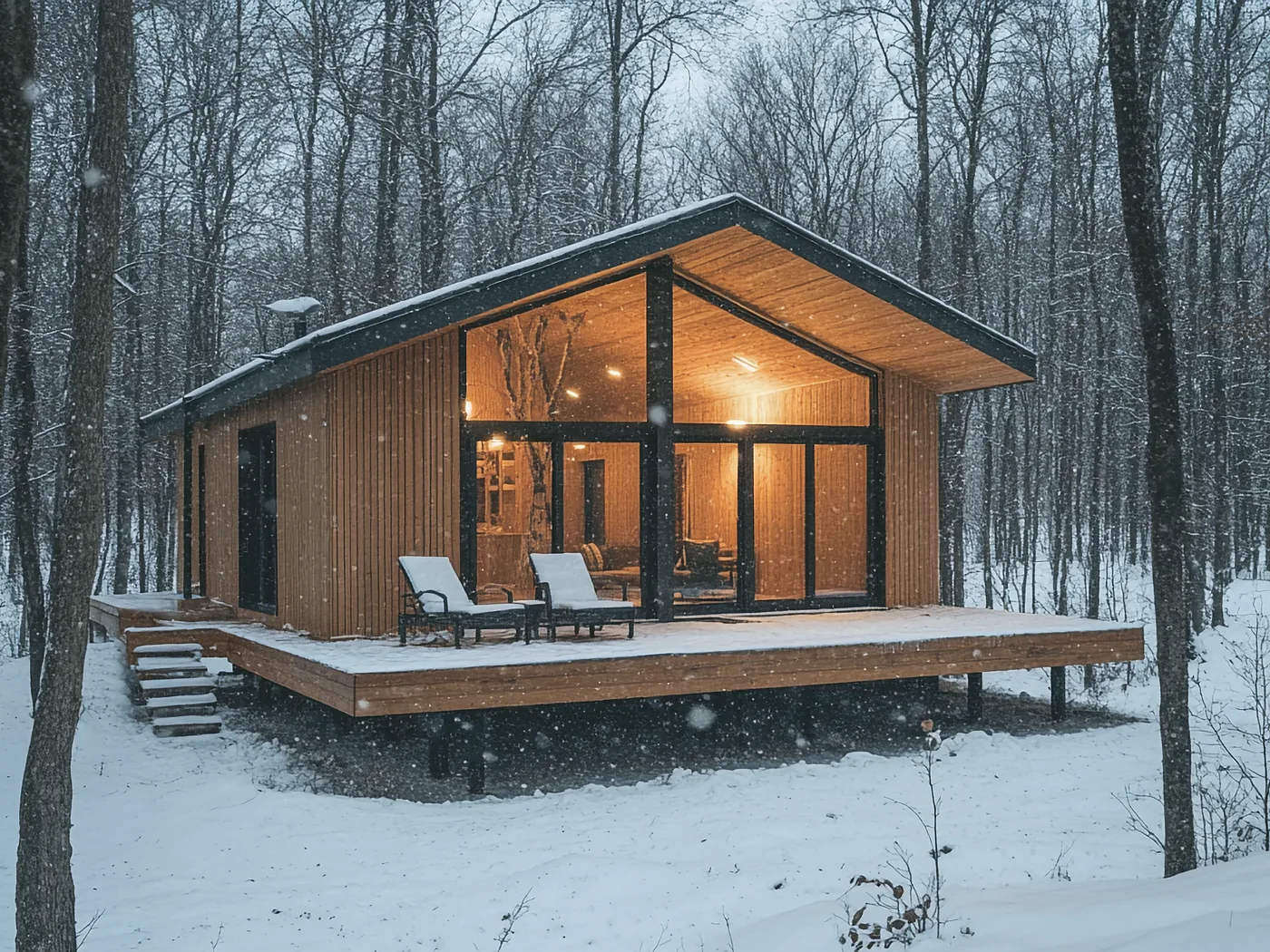 A lodge in deep snow at dusk, warm light through its glass wall, two chairs on the deck