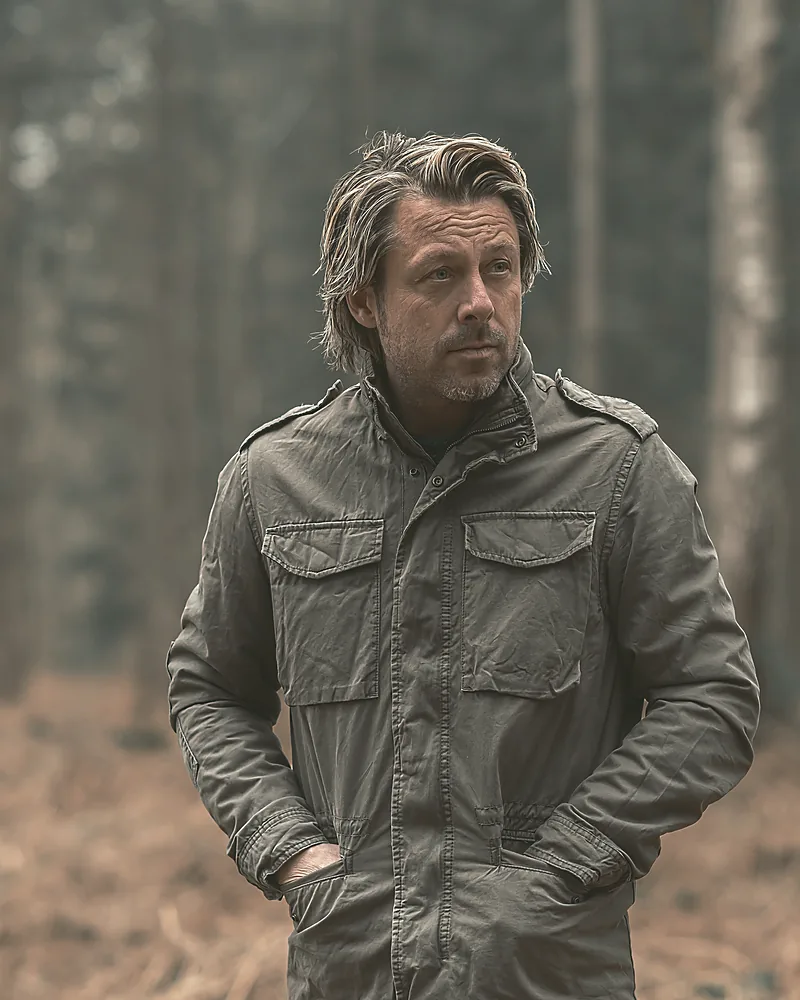 Callum Reid, estate manager, in a waxed jacket among birch and pine