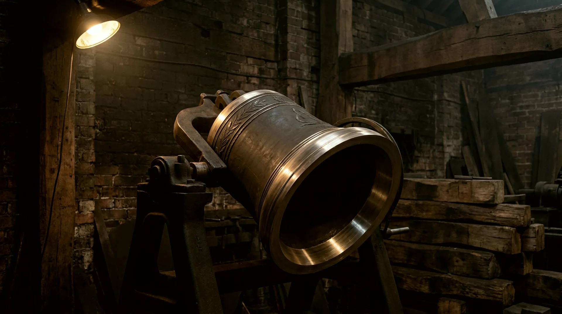 A bell mounted mouth-up on the vertical tuning lathe with fresh bright cutting rings inside.