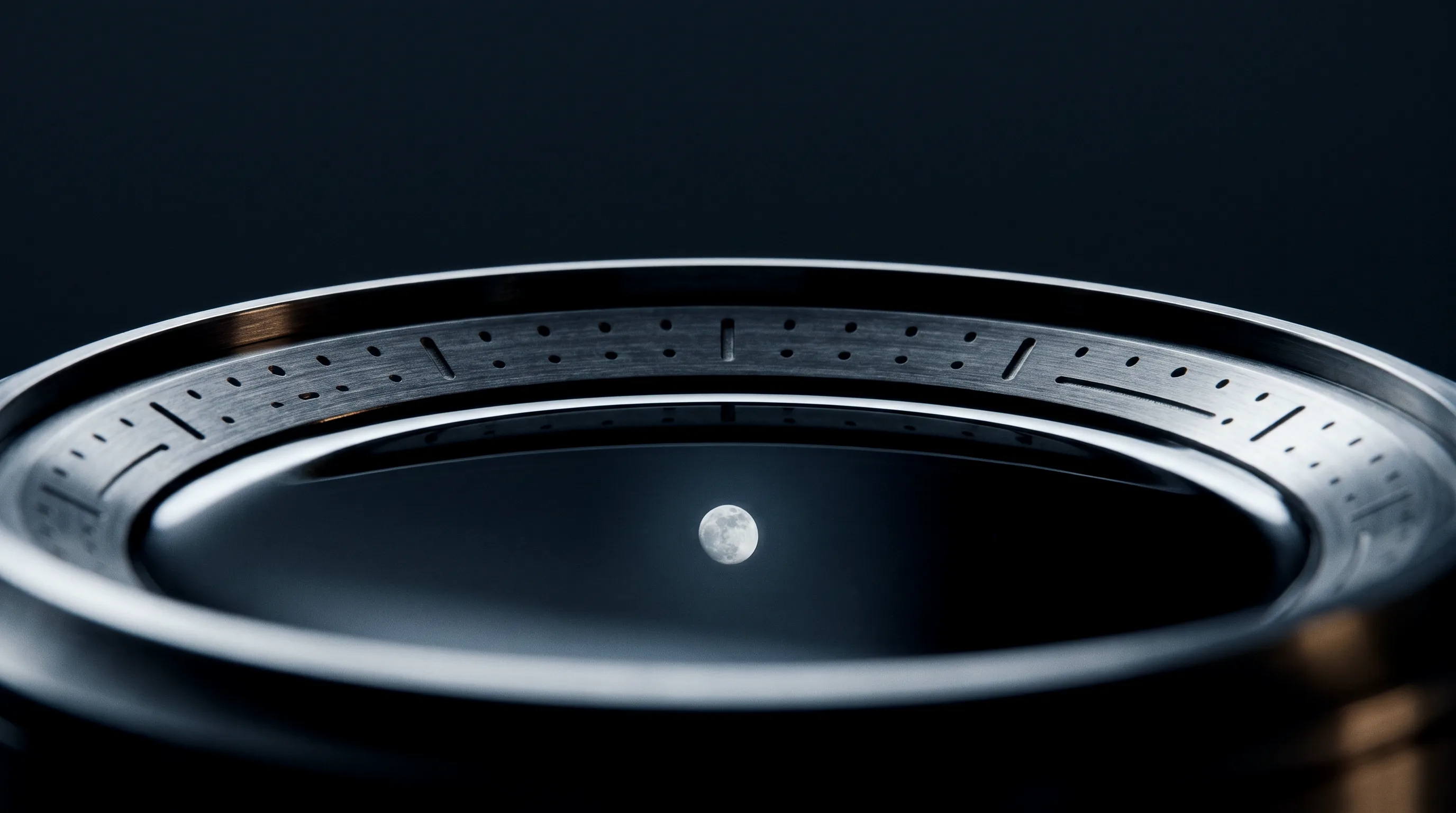 Register I, Aestus: a machined basin holding dark still water, a small moon above the pool.
