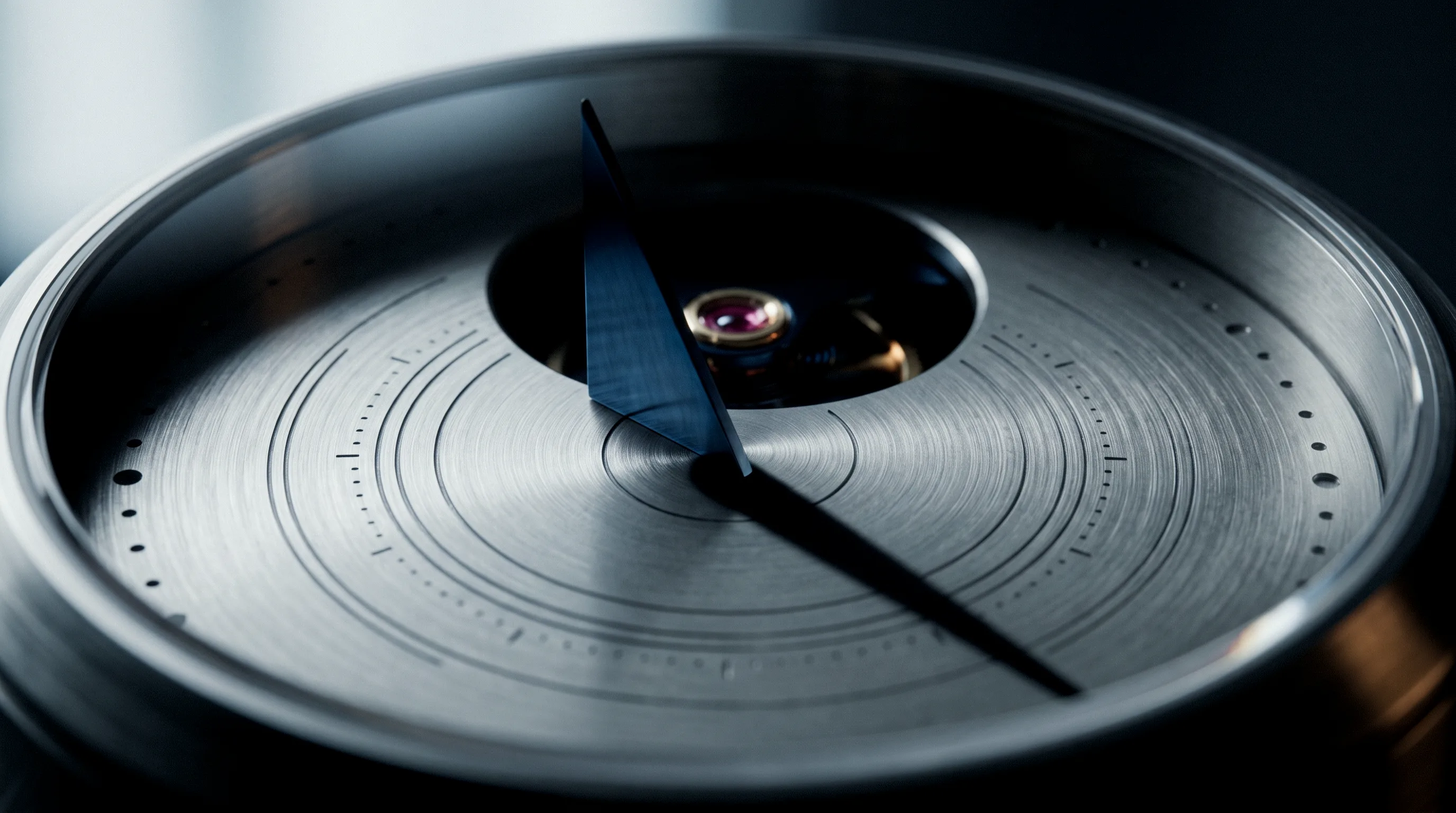 Register II, Umbra: a blued steel gnomon on a brushed platter casting one long shadow across engraved arcs.