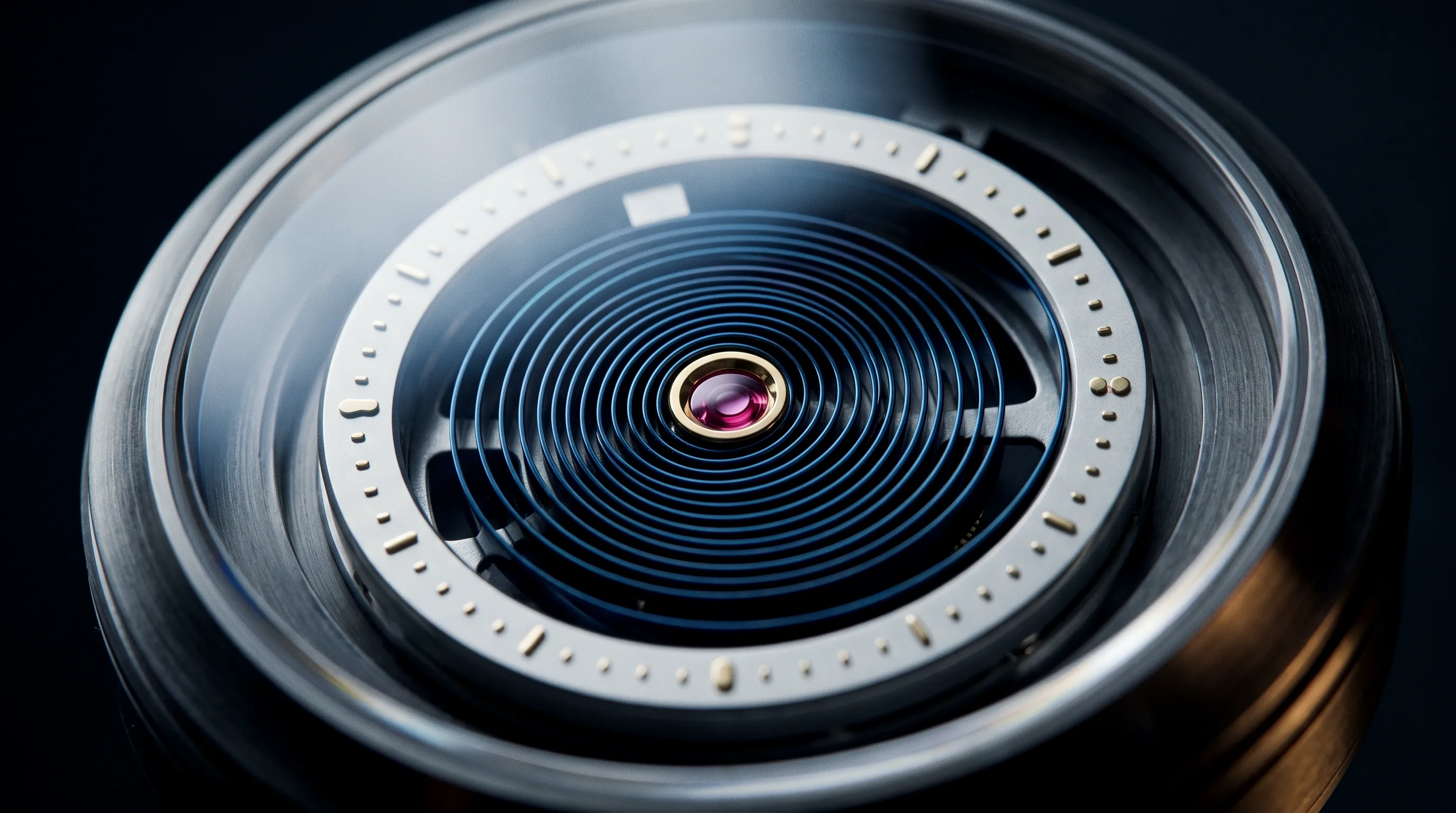 Register III, Memoria: a coiled blued mainspring in a silver drum with a row of small gold marks.