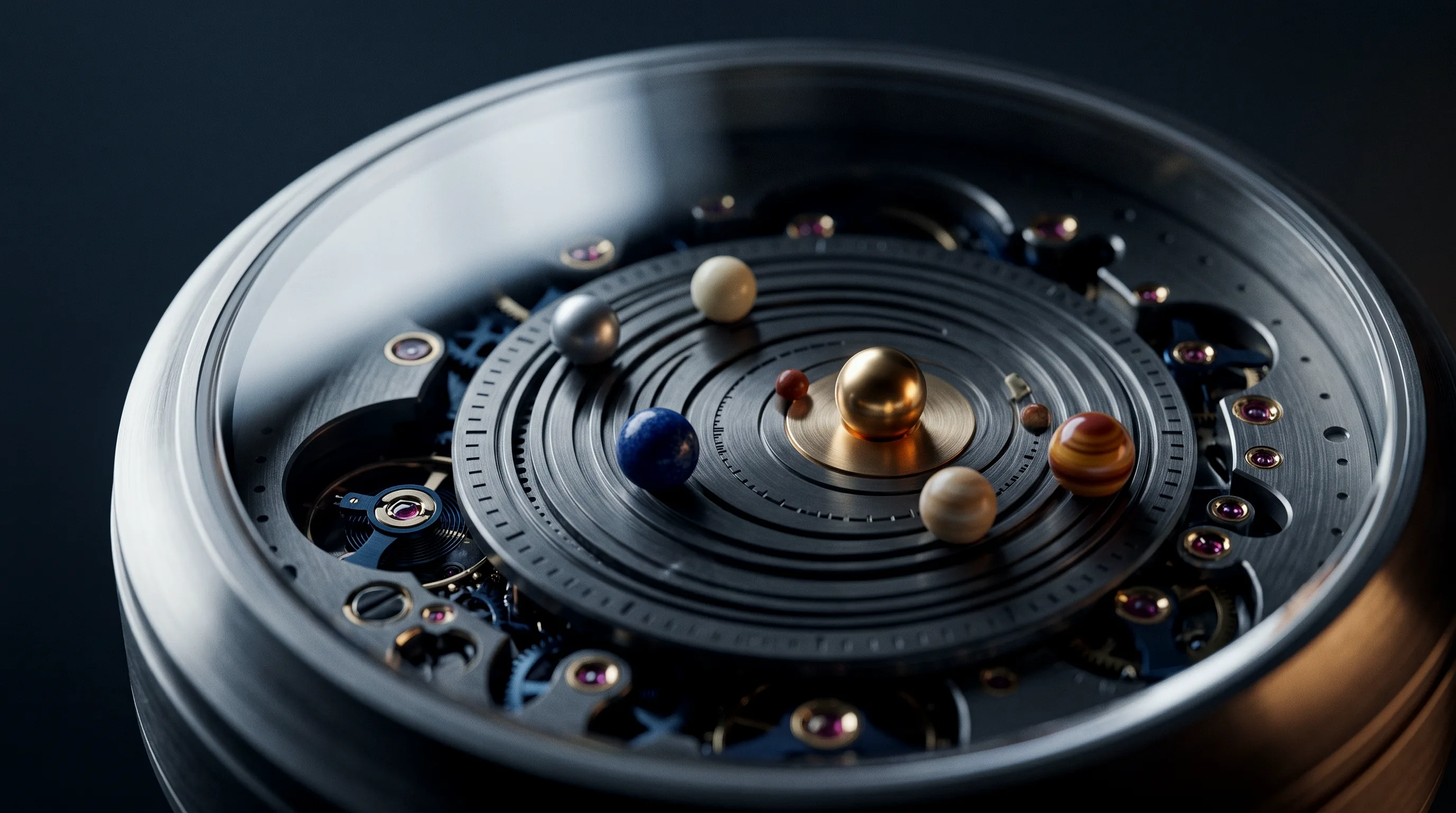 Register IIII, Sidera: a miniature orrery inside the movement, a gold sun and lacquer planets on engraved rails.