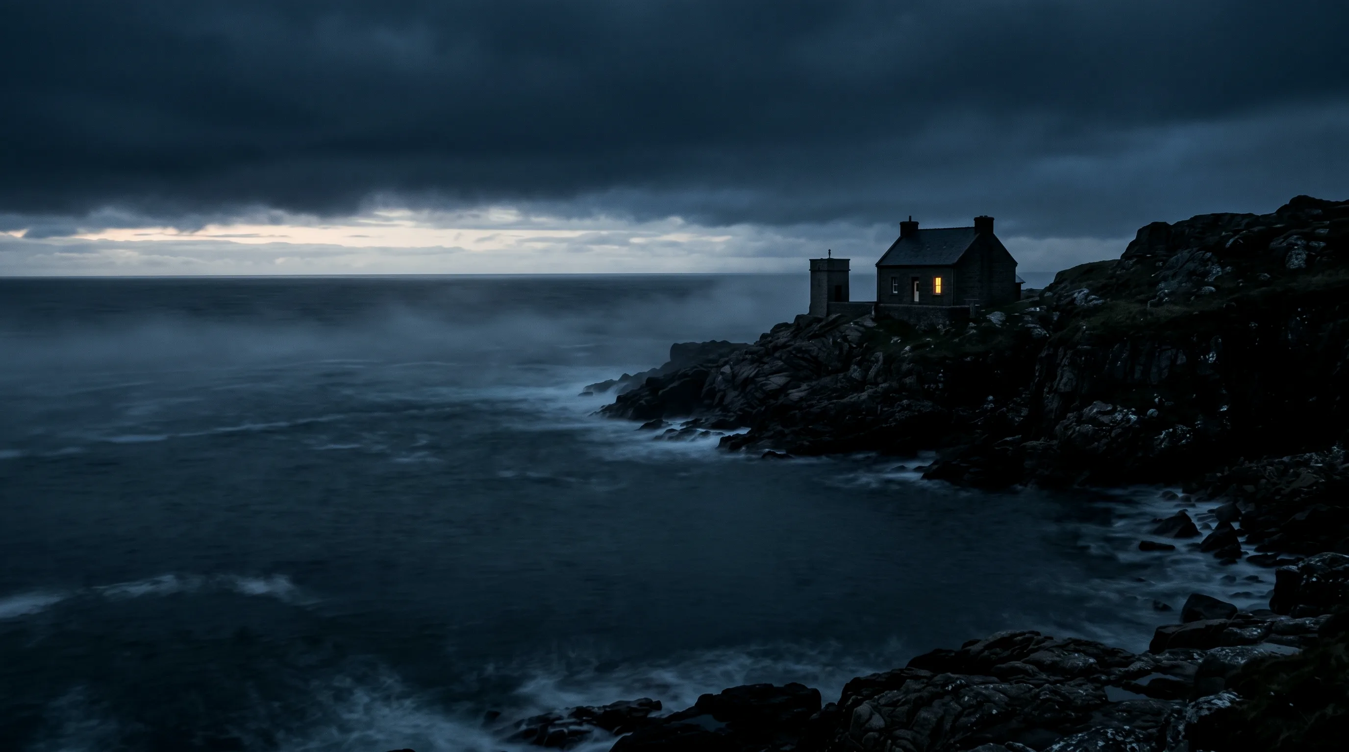 A granite keeper's house with a small tide-gauge tower on a rocky Atlantic headland at blue hour, one window lit.