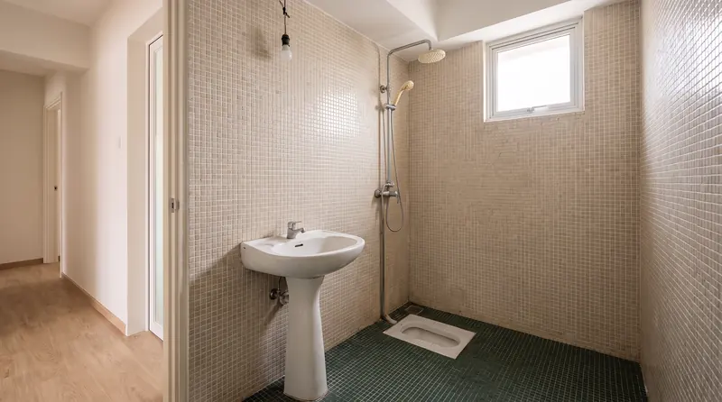Before: the same bathroom with green mosaic floor tiles, a pedestal basin and a squat toilet corner.