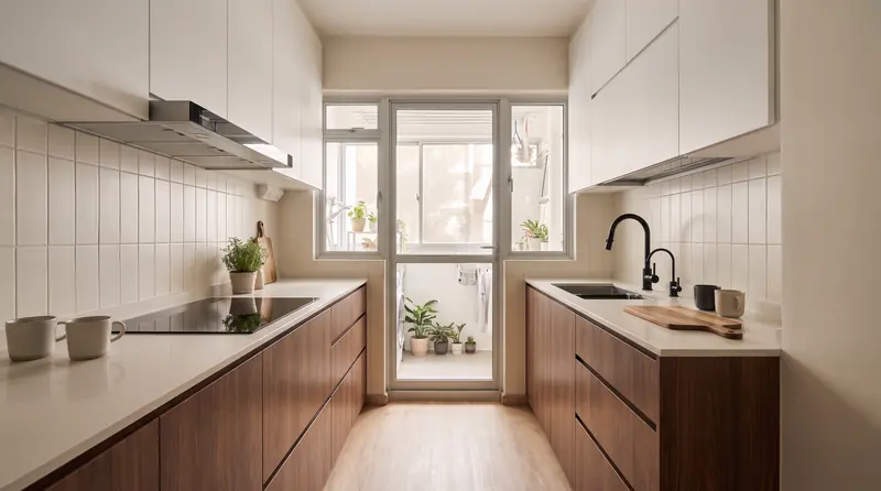 After: a galley kitchen with walnut lower cabinets, white uppers to the ceiling, an off-white quartz worktop and a matte black tap, with the service yard window at the end.