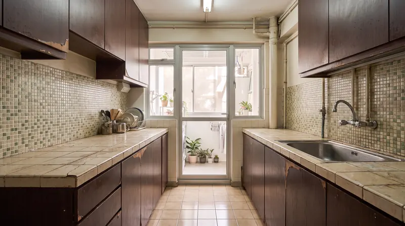 Before: the same kitchen with brown laminate cabinets, mosaic wall tiles and a stained tiled counter.