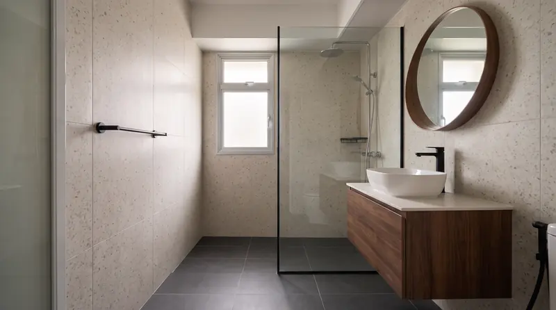 After: the master bathroom with terrazzo-look walls, dark grey floor tiles, a frameless glass screen, a floating walnut vanity and a round mirror.