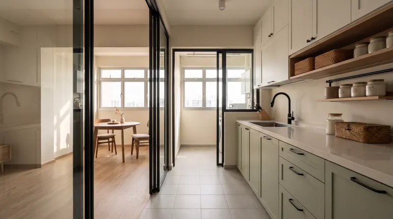 After: a kitchen with pale sage lower cabinets, an off-white quartz worktop and a black-framed glass sliding door to the dining area.