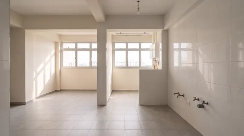 Before: the same kitchen as handed over, bare white tiles, capped pipes and no cabinets.