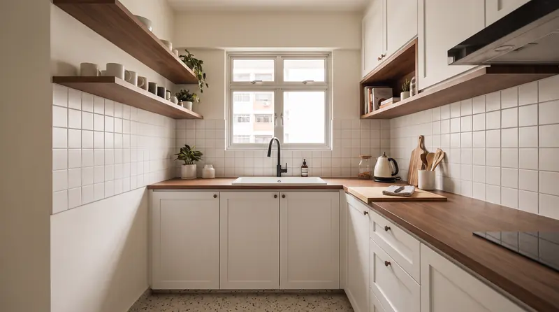 After: a small kitchen with white lower cabinets, a walnut worktop, open walnut shelves and white square wall tiles.
