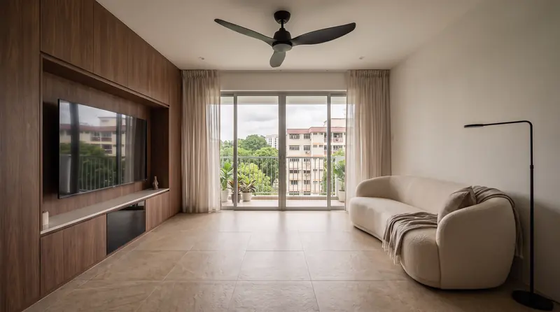 After: a condominium living room with a long walnut feature wall and recessed television, a cream boucle sofa and sheer curtains across the balcony doors.