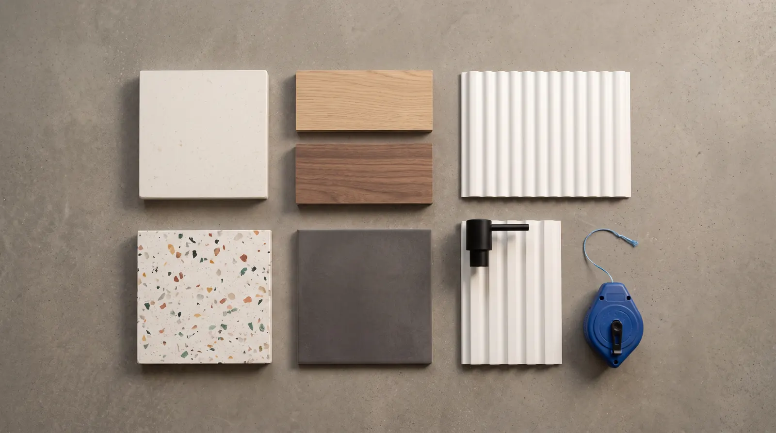 Material samples laid out on a cement floor: quartz, oak and walnut laminate, terrazzo, a dark grey tile, a fluted panel, a black tap handle and a blue chalk reel.