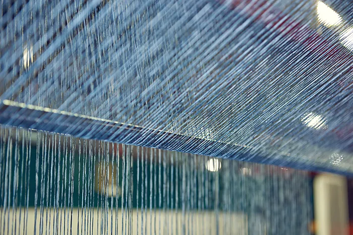 A blue warp stretched through the heddles of a loom, lit from the side.
