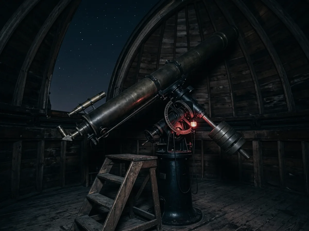 A large brass and cast-iron refracting telescope from the early twentieth century inside a wooden dome, its tube angled upward beside a wooden observing ladder.