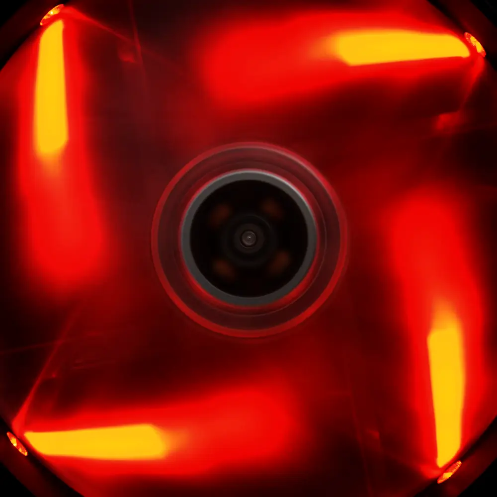 The same fan lit red and spinning.