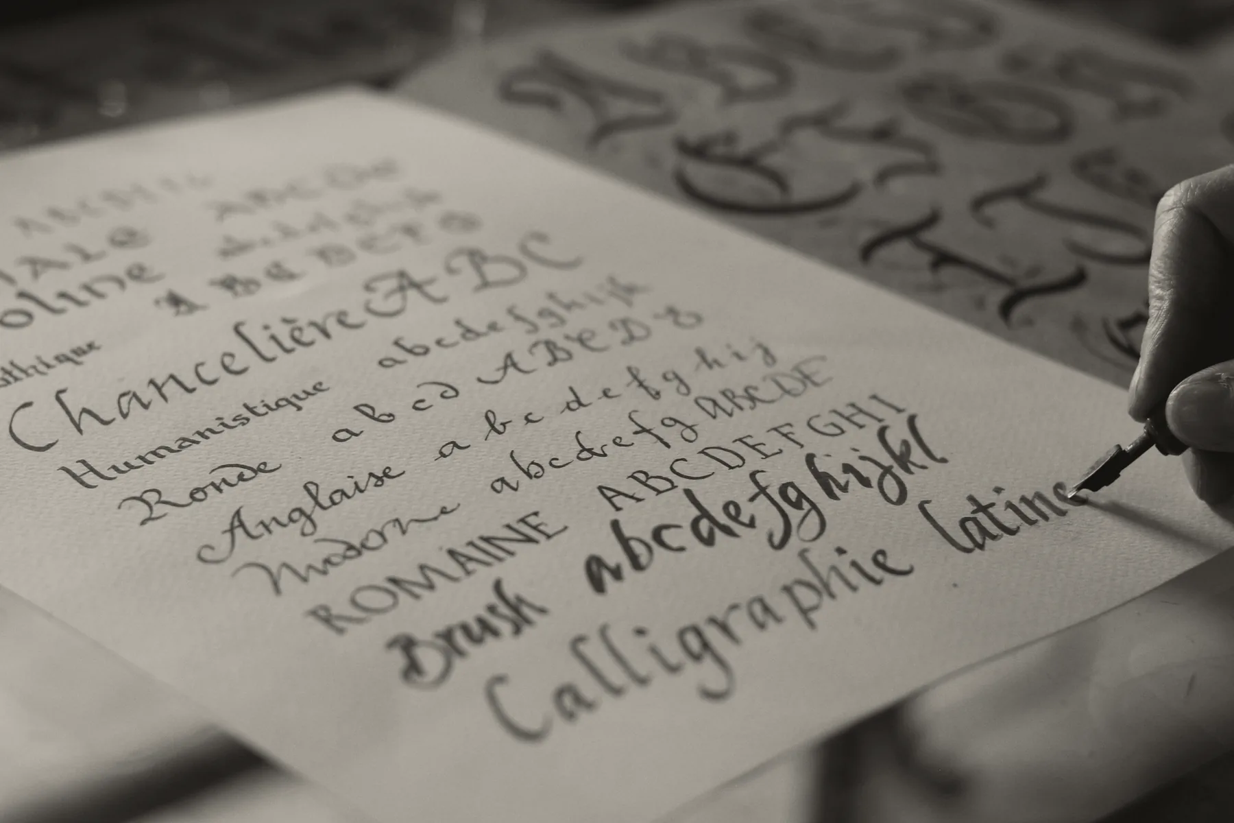 A calligrapher's sampler sheet lettered by hand, each hand named beside it in French: anglaise, romaine, brush.