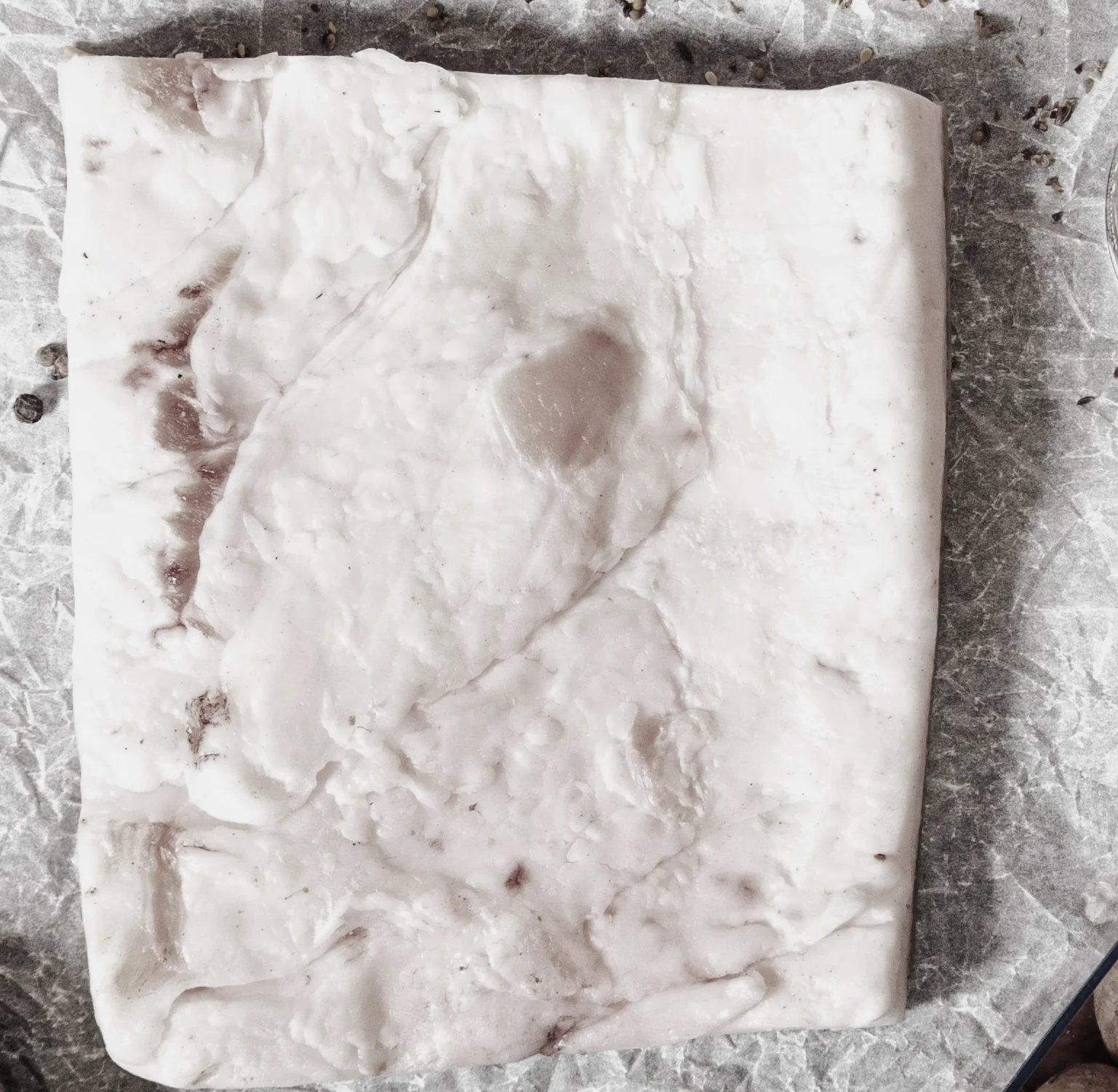 A slab of raw beef suet on crumpled paper, photographed from directly above.