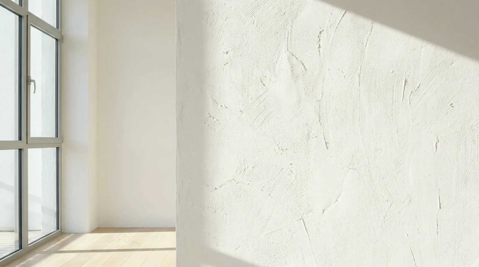 Close view of lime-washed plaster in raking light, its fine trowel texture casting tiny shadows.