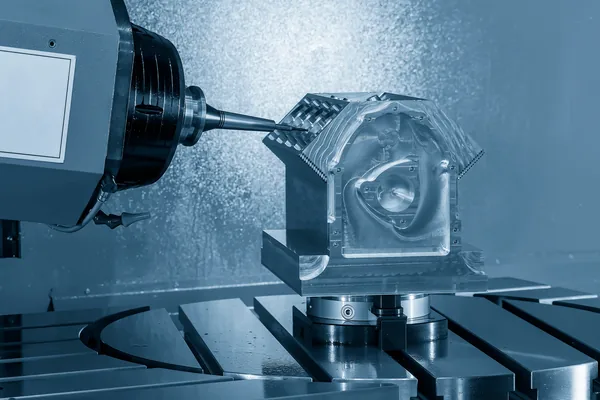 A V8 cylinder block being machined on a five-axis mill