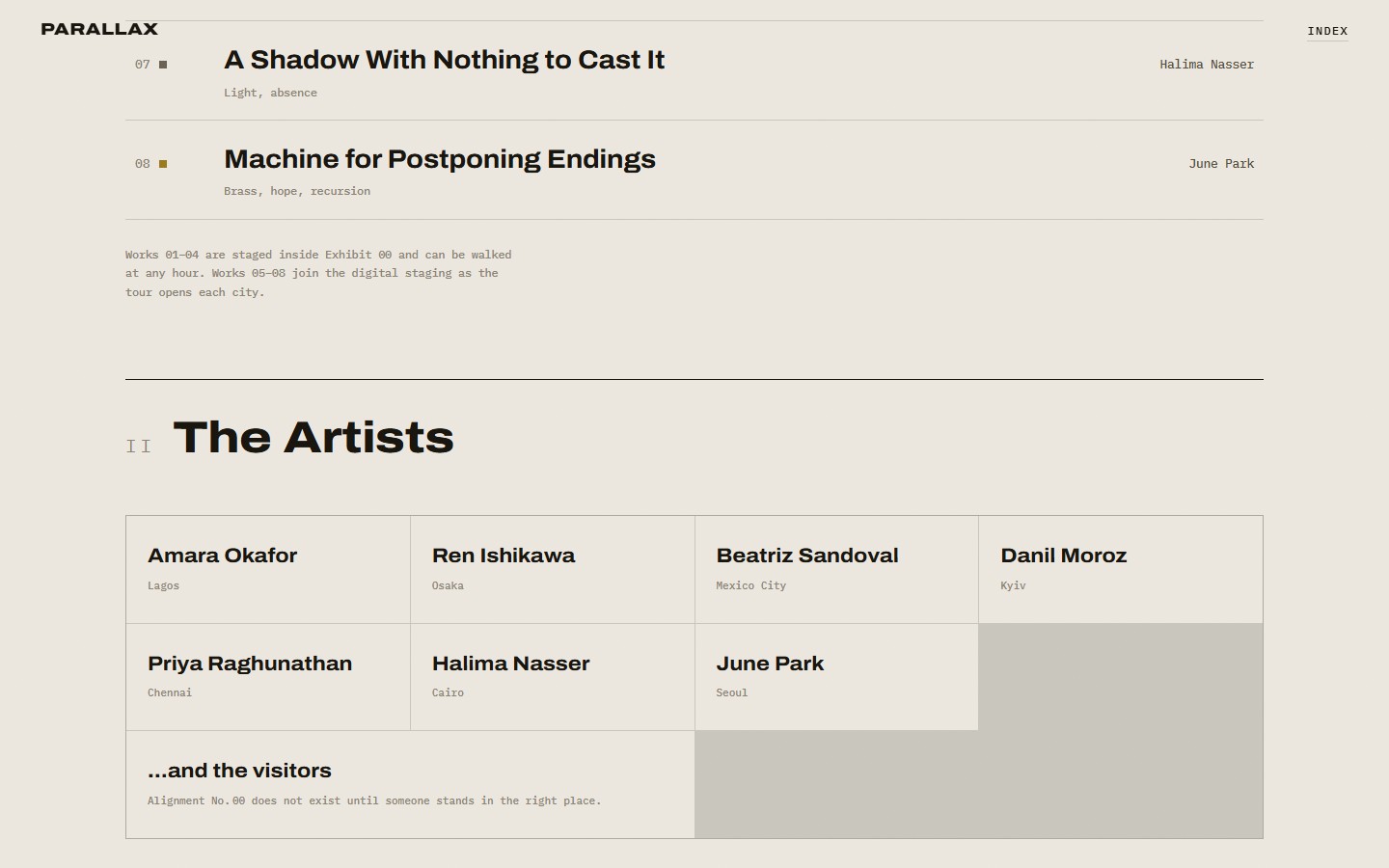 PARALLAX -- the catalogue: works and artists, typeset